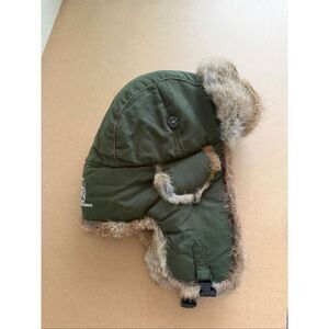 MAD BOMBER Cossack Style Rabbit Fur Hat Olive Green Trapper Aviator Cap Size L